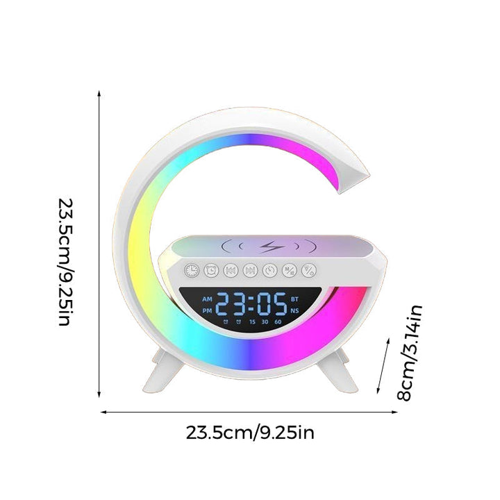 "Monitoiminen LED-langaton laturi ja kaiutin, moderni muotoilu, LED-valo, Bluetooth-kaiutin, langaton lataus."