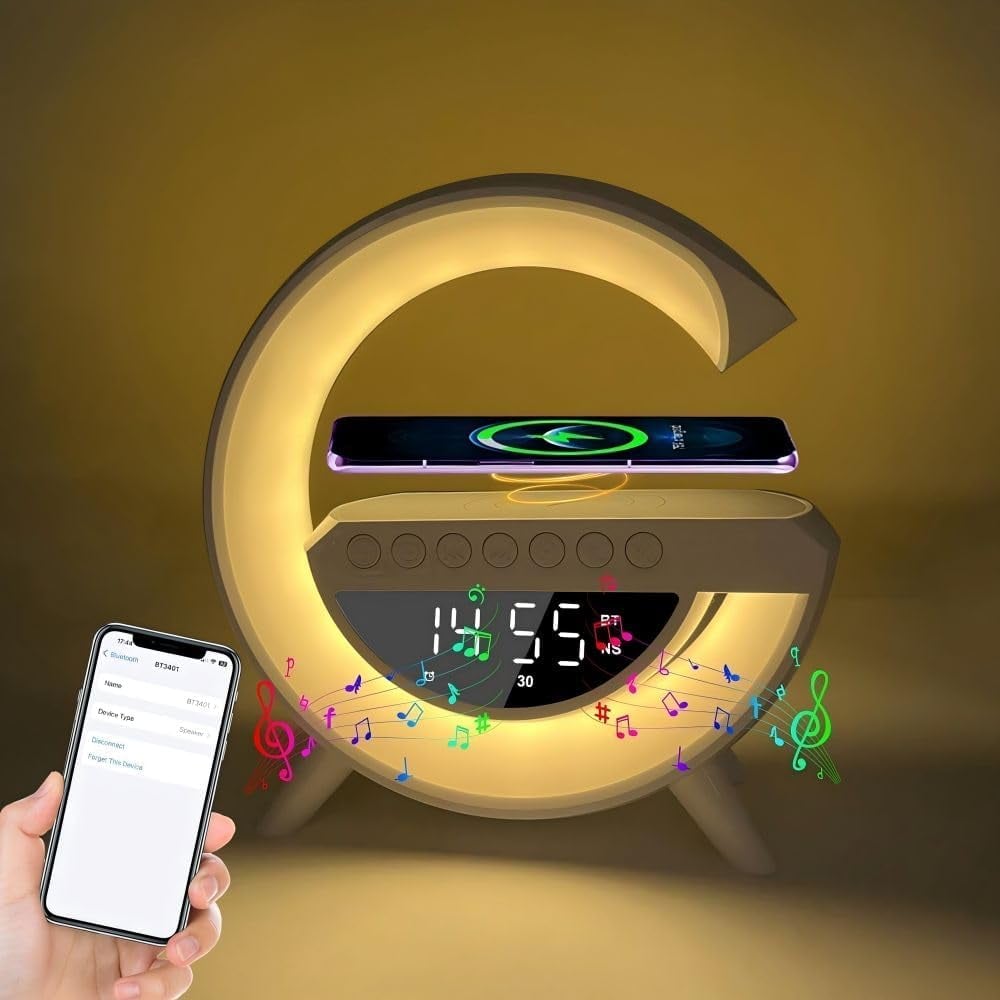 "Monitoiminen LED-langaton laturi ja kaiutin, moderni muotoilu, LED-valo, Bluetooth-kaiutin, langaton lataus."