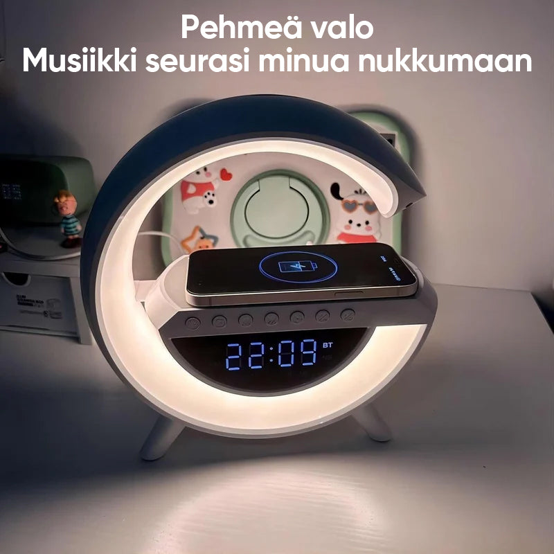 "Monitoiminen LED-langaton laturi ja kaiutin, moderni muotoilu, LED-valo, Bluetooth-kaiutin, langaton lataus."