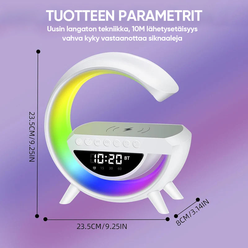 "Monitoiminen LED-langaton laturi ja kaiutin, moderni muotoilu, LED-valo, Bluetooth-kaiutin, langaton lataus."