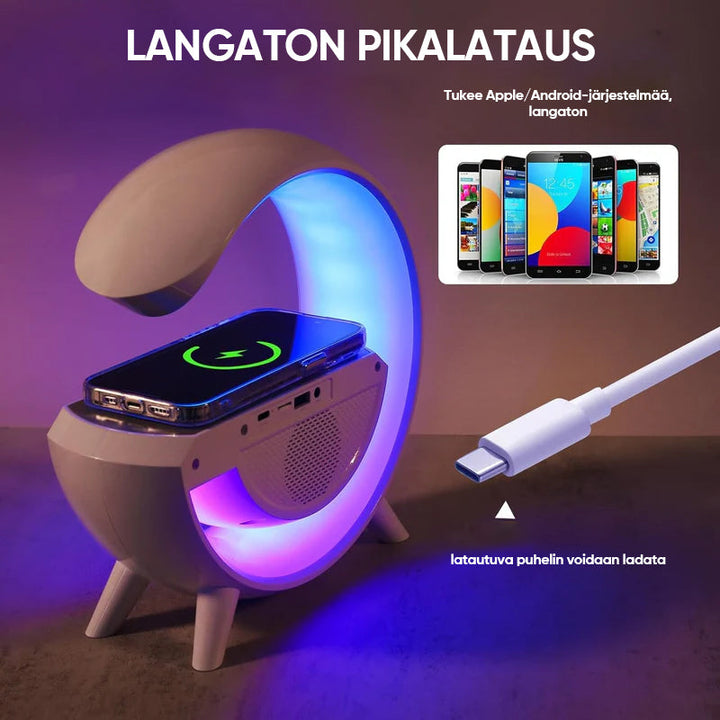 "Monitoiminen LED-langaton laturi ja kaiutin, moderni muotoilu, LED-valo, Bluetooth-kaiutin, langaton lataus."