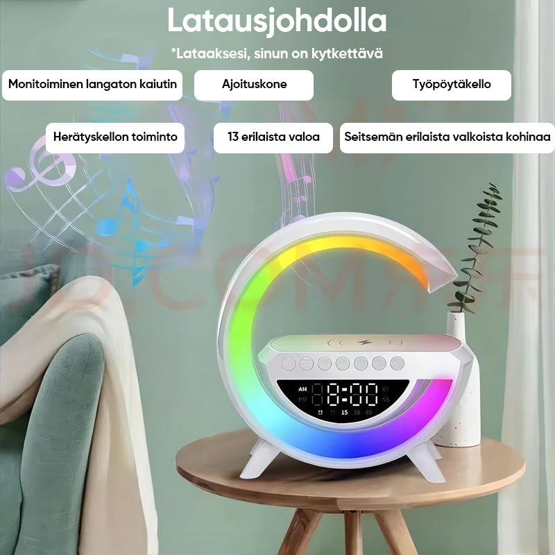 "Monitoiminen LED-langaton laturi ja kaiutin, moderni muotoilu, LED-valo, Bluetooth-kaiutin, langaton lataus."