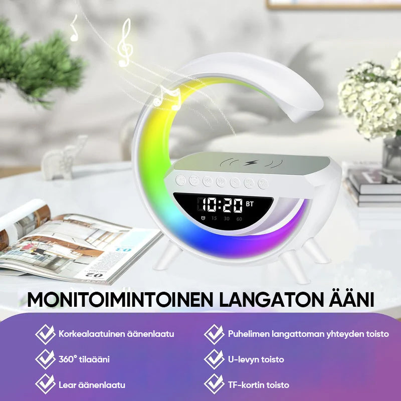 "Monitoiminen LED-langaton laturi ja kaiutin, moderni muotoilu, LED-valo, Bluetooth-kaiutin, langaton lataus."