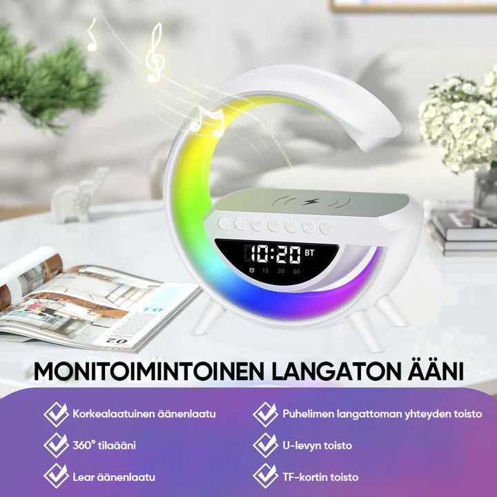 "Monitoiminen LED-langaton laturi ja kaiutin, moderni muotoilu, LED-valo, Bluetooth-kaiutin, langaton lataus."