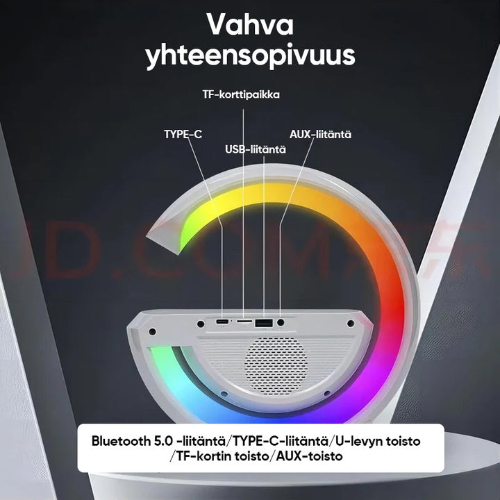 "Monitoiminen LED-langaton laturi ja kaiutin, moderni muotoilu, LED-valo, Bluetooth-kaiutin, langaton lataus."