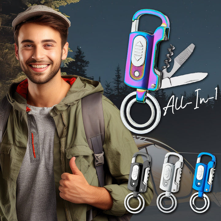 Multifunktionel nøglering lighter med flaskeåbner, kniv, LED-lys. Fås i sort, blå, sølv og regnbuefarver.