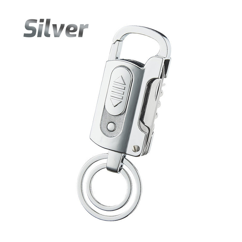 Multifunktionel nøglering lighter med flaskeåbner, kniv, LED-lys. Fås i sort, blå, sølv og regnbuefarver.