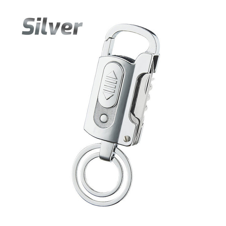 Multifunktionel nøglering lighter med flaskeåbner, kniv, LED-lys. Fås i sort, blå, sølv og regnbuefarver.
