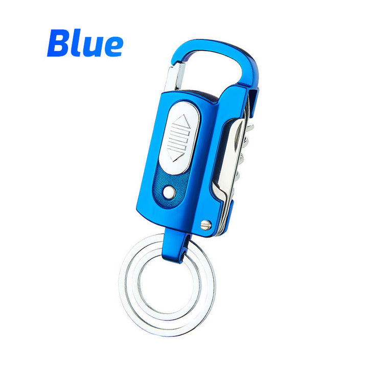 Multifunktionel nøglering lighter med flaskeåbner, kniv, LED-lys. Fås i sort, blå, sølv og regnbuefarver.