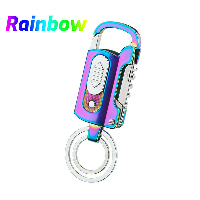 Multifunktionel nøglering lighter med flaskeåbner, kniv, LED-lys. Fås i sort, blå, sølv og regnbuefarver.