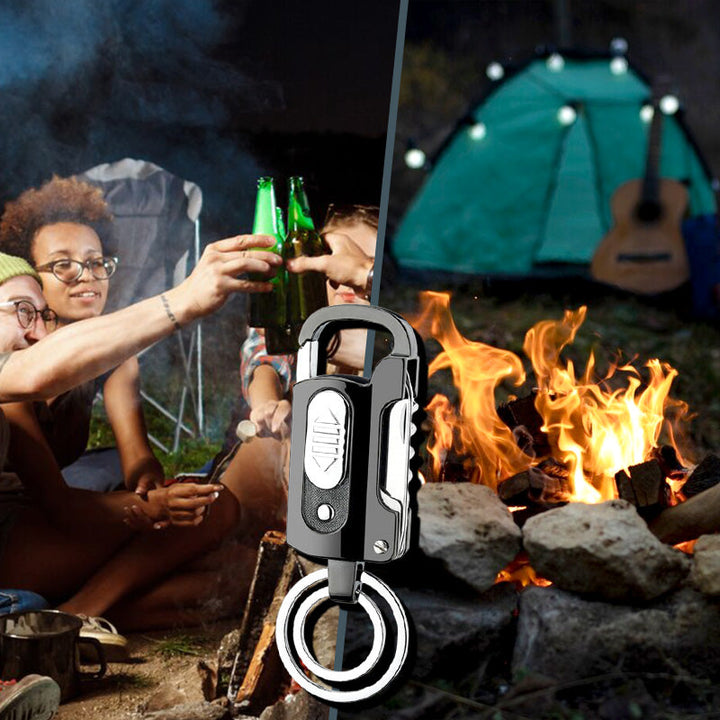 Multifunktionel nøglering lighter med flaskeåbner, kniv, LED-lys. Fås i sort, blå, sølv og regnbuefarver.