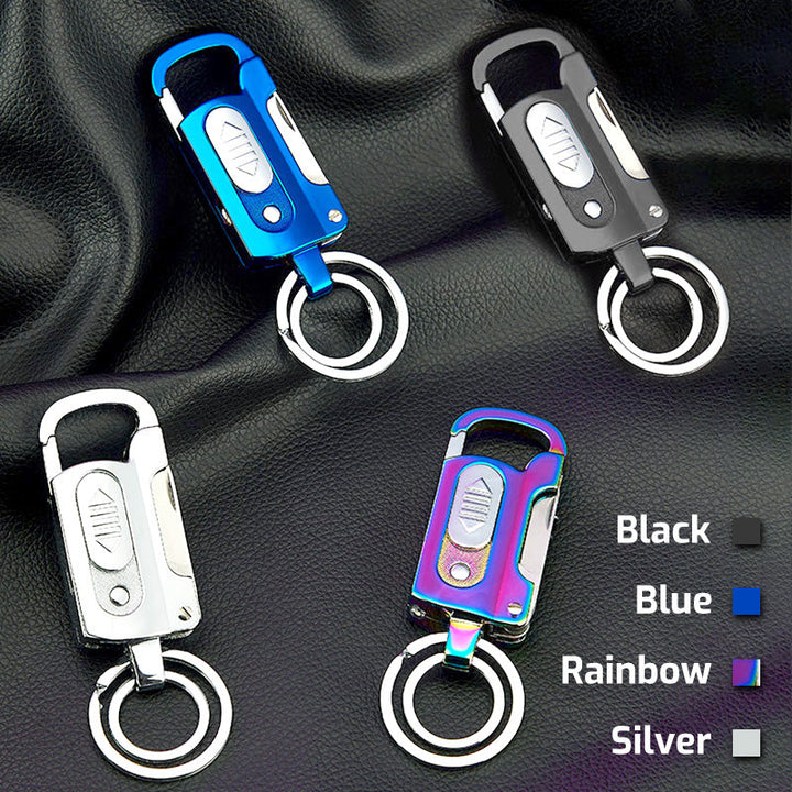 Multifunktionel nøglering lighter med flaskeåbner, kniv, LED-lys. Fås i sort, blå, sølv og regnbuefarver.