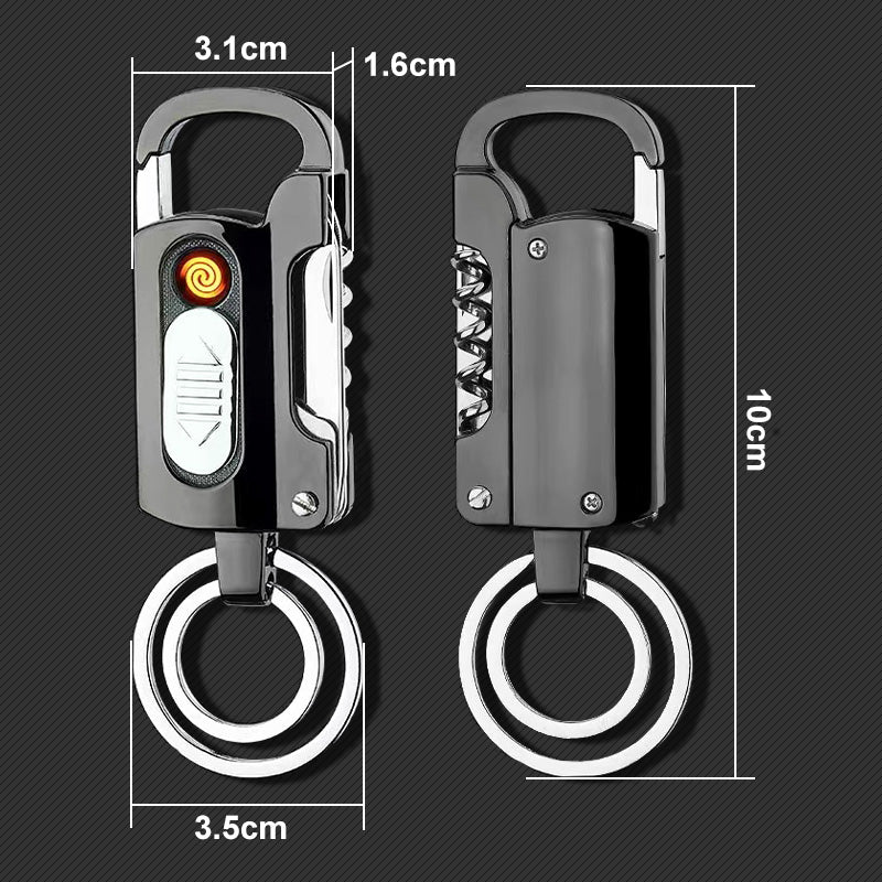 Multifunktionel nøglering lighter med flaskeåbner, kniv, LED-lys. Fås i sort, blå, sølv og regnbuefarver.