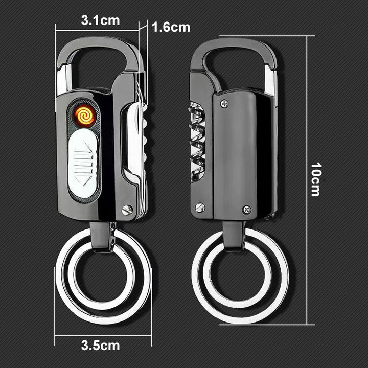 Multifunktionel nøglering lighter med flaskeåbner, kniv, LED-lys. Fås i sort, blå, sølv og regnbuefarver.