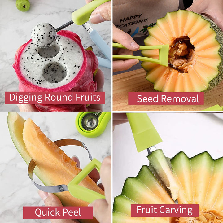 Multifunktionel frugtkniv, rustfrit stål, fødevaregodkendt plast, til frugtkugler og dekorationer.