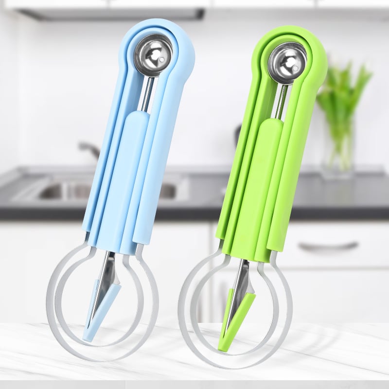 Multifunktionel frugtkniv, rustfrit stål, fødevaregodkendt plast, til frugtkugler og dekorationer.