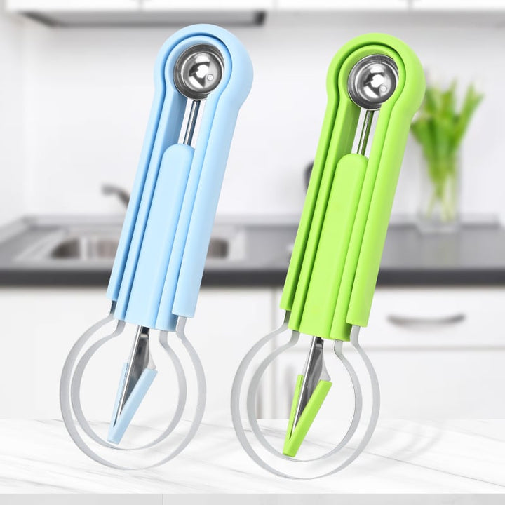 Multifunktionel frugtkniv, rustfrit stål, fødevaregodkendt plast, til frugtkugler og dekorationer.