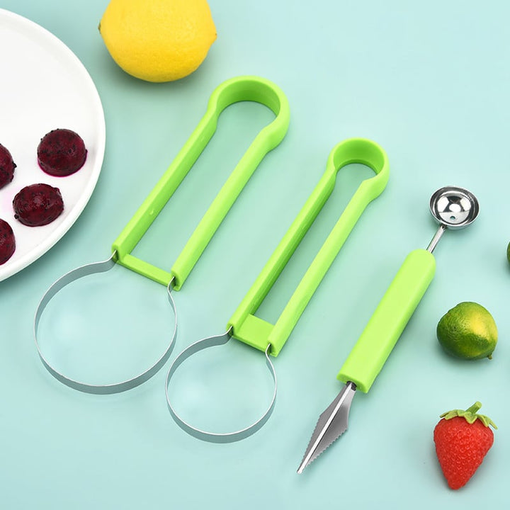 Multifunktionel frugtkniv, rustfrit stål, fødevaregodkendt plast, til frugtkugler og dekorationer.