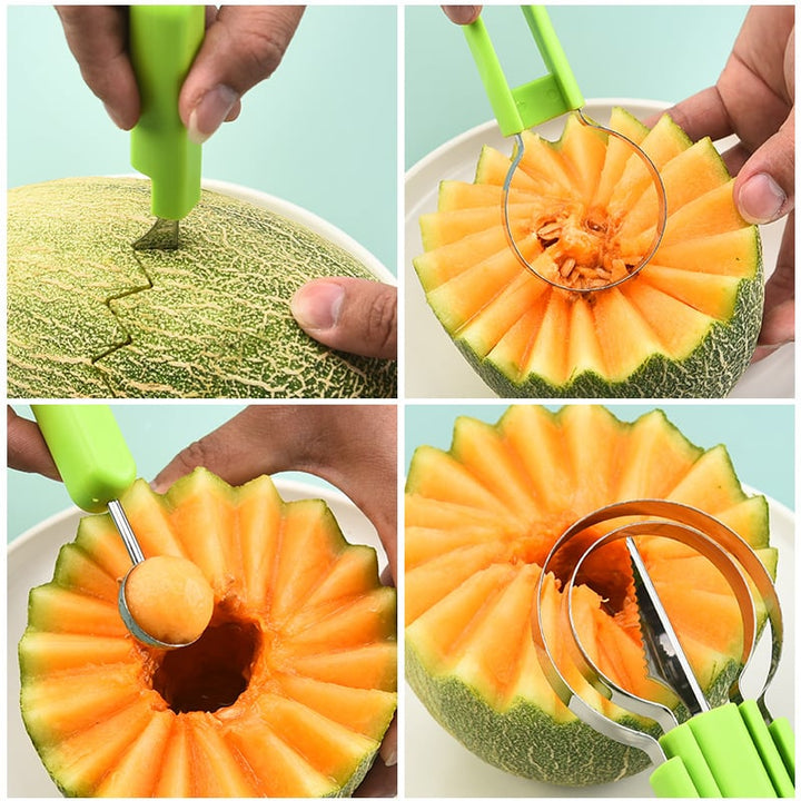 Multifunktionel frugtkniv, rustfrit stål, fødevaregodkendt plast, til frugtkugler og dekorationer.