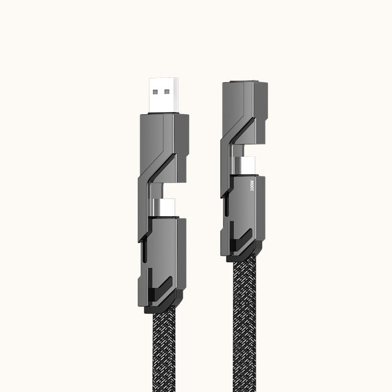 "Monitoiminen litteä 4-in-1 latauskaapeli, tarranauhalla, USB-C, Lightning yhteensopiva, tyylikäs ja käytännöllinen."