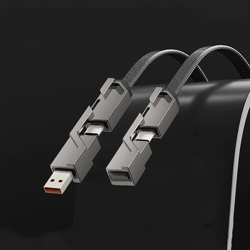"Monitoiminen litteä 4-in-1 latauskaapeli, tarranauhalla, USB-C, Lightning yhteensopiva, tyylikäs ja käytännöllinen."
