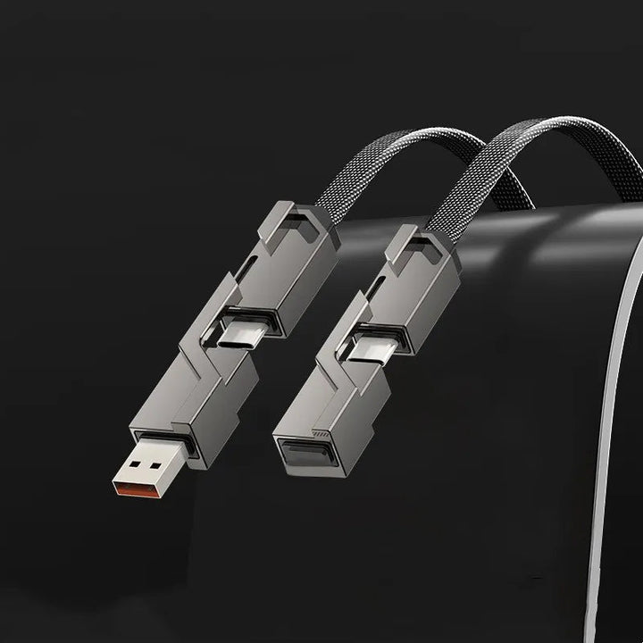 "Monitoiminen litteä 4-in-1 latauskaapeli, tarranauhalla, USB-C, Lightning yhteensopiva, tyylikäs ja käytännöllinen."