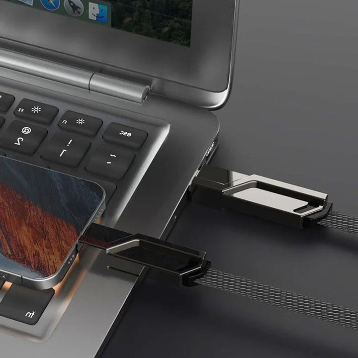 "Monitoiminen litteä 4-in-1 latauskaapeli, tarranauhalla, USB-C, Lightning yhteensopiva, tyylikäs ja käytännöllinen."