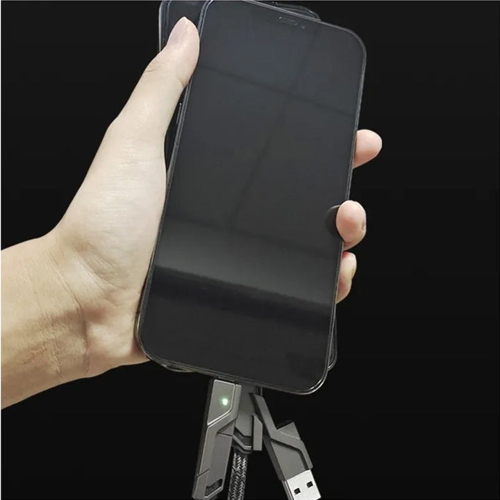 "Monitoiminen litteä 4-in-1 latauskaapeli, tarranauhalla, USB-C, Lightning yhteensopiva, tyylikäs ja käytännöllinen."