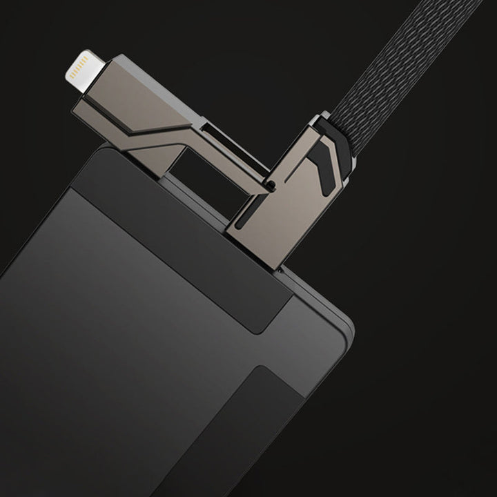 "Monitoiminen litteä 4-in-1 latauskaapeli, tarranauhalla, USB-C, Lightning yhteensopiva, tyylikäs ja käytännöllinen."