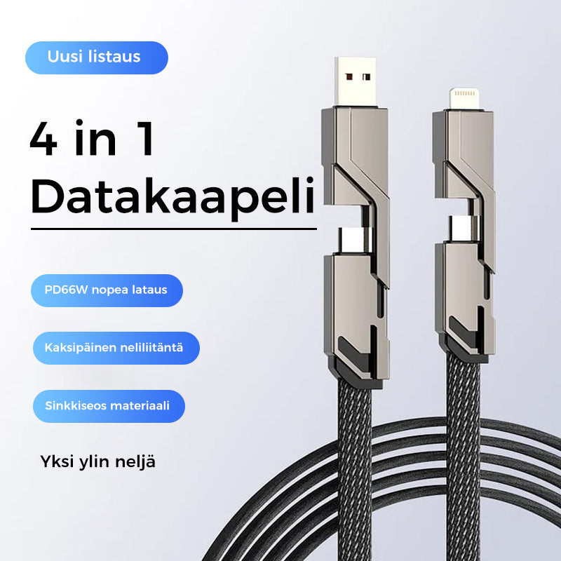 "Monitoiminen litteä 4-in-1 latauskaapeli, tarranauhalla, USB-C, Lightning yhteensopiva, tyylikäs ja käytännöllinen."