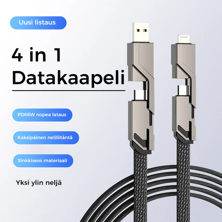 "Monitoiminen litteä 4-in-1 latauskaapeli, tarranauhalla, USB-C, Lightning yhteensopiva, tyylikäs ja käytännöllinen."