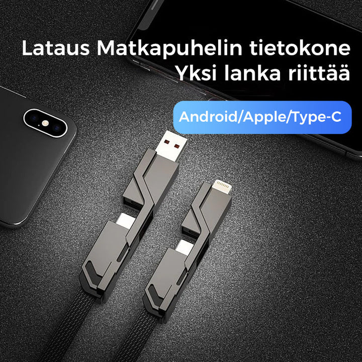 "Monitoiminen litteä 4-in-1 latauskaapeli, tarranauhalla, USB-C, Lightning yhteensopiva, tyylikäs ja käytännöllinen."