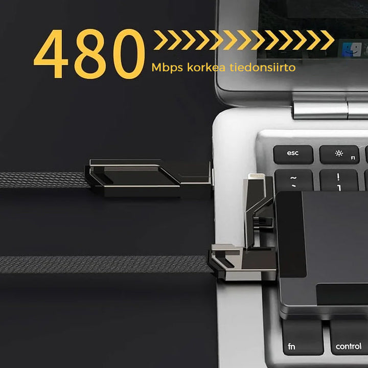"Monitoiminen litteä 4-in-1 latauskaapeli, tarranauhalla, USB-C, Lightning yhteensopiva, tyylikäs ja käytännöllinen."
