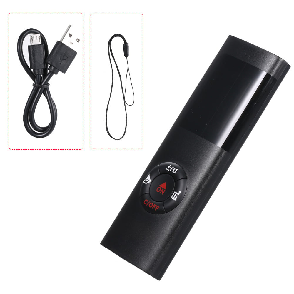 Multifunktionel laser afstandsmåler til mænd, USB genopladelig, kompakt og vandtæt, rektangulær enhed.