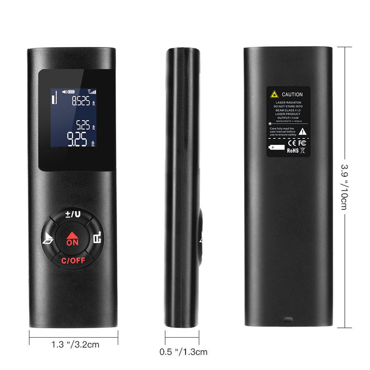 Multifunktionel laser afstandsmåler til mænd, USB genopladelig, kompakt og vandtæt, rektangulær enhed.