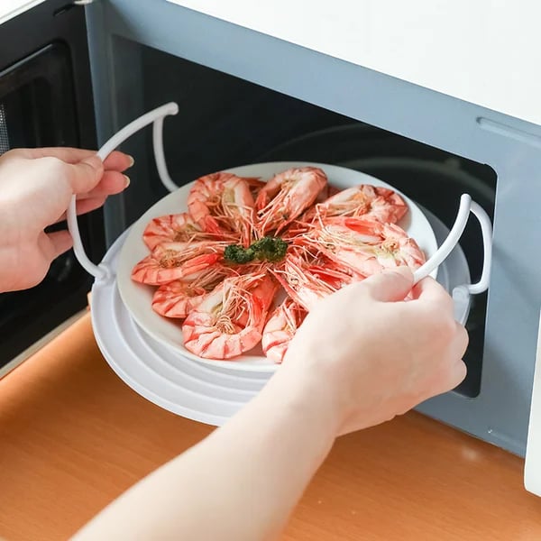 Multifunktionel mikroovnsdamper og opbevaringsstativ, to-lags opvarmning, fødevaregodkendt materiale, foldbar bund.