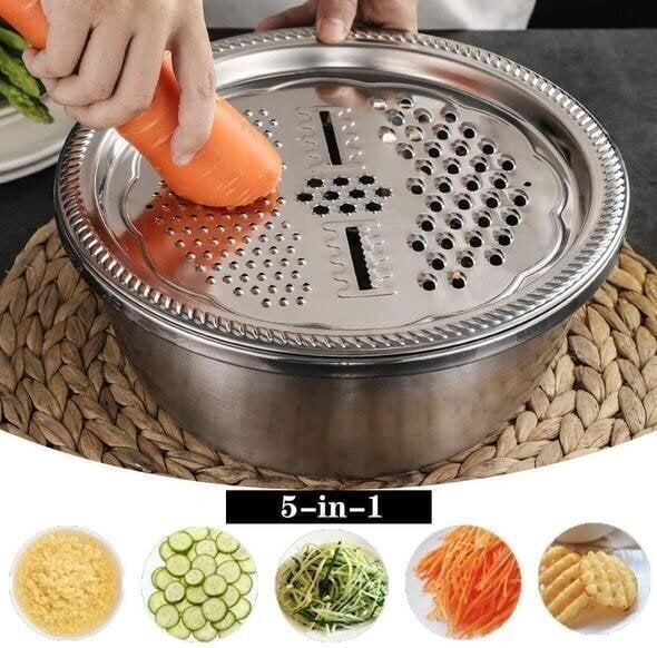 Multifunktionel vask i rustfrit stål; moderne og stilfuldt design; inkluderer rivjern og afløbsplade.