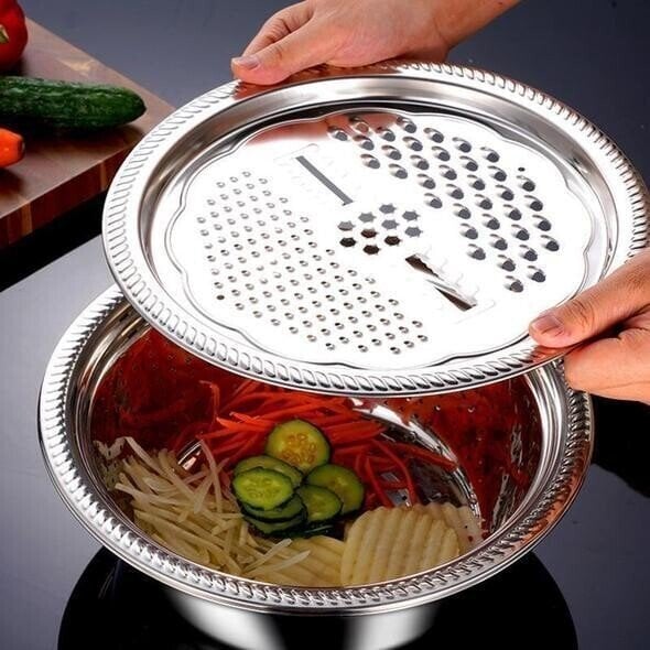 Multifunktionel vask i rustfrit stål; moderne og stilfuldt design; inkluderer rivjern og afløbsplade.