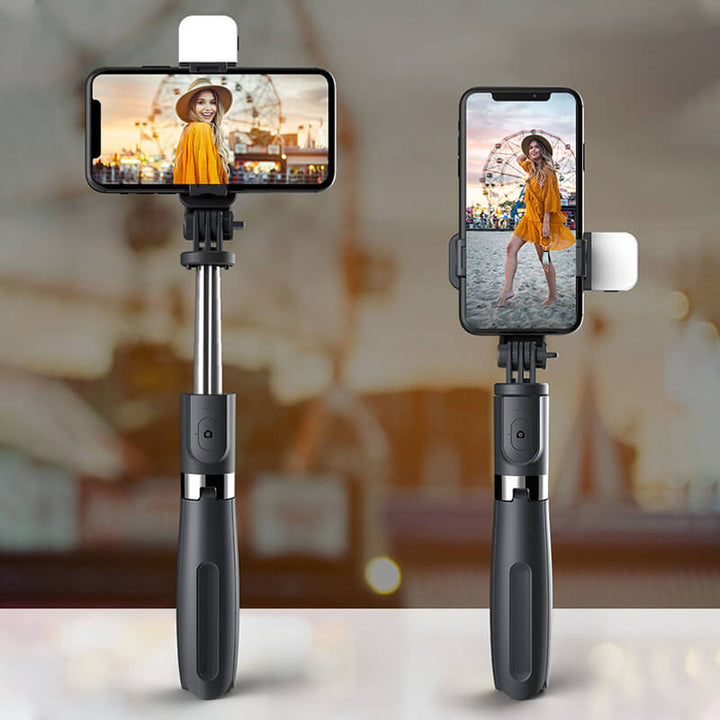 "Monitoiminen selfie stick jalusta valoilla, pitkä jatkotanko, muokattava korkeus, sopii älypuhelimille, musta tai valkoinen.