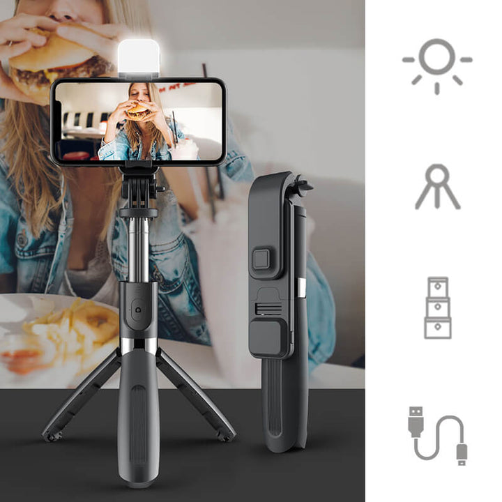 "Monitoiminen selfie stick jalusta valoilla, pitkä jatkotanko, muokattava korkeus, sopii älypuhelimille, musta tai valkoinen.