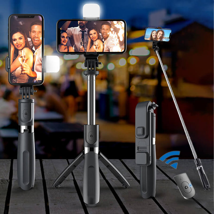 "Monitoiminen selfie stick jalusta valoilla, pitkä jatkotanko, muokattava korkeus, sopii älypuhelimille, musta tai valkoinen.