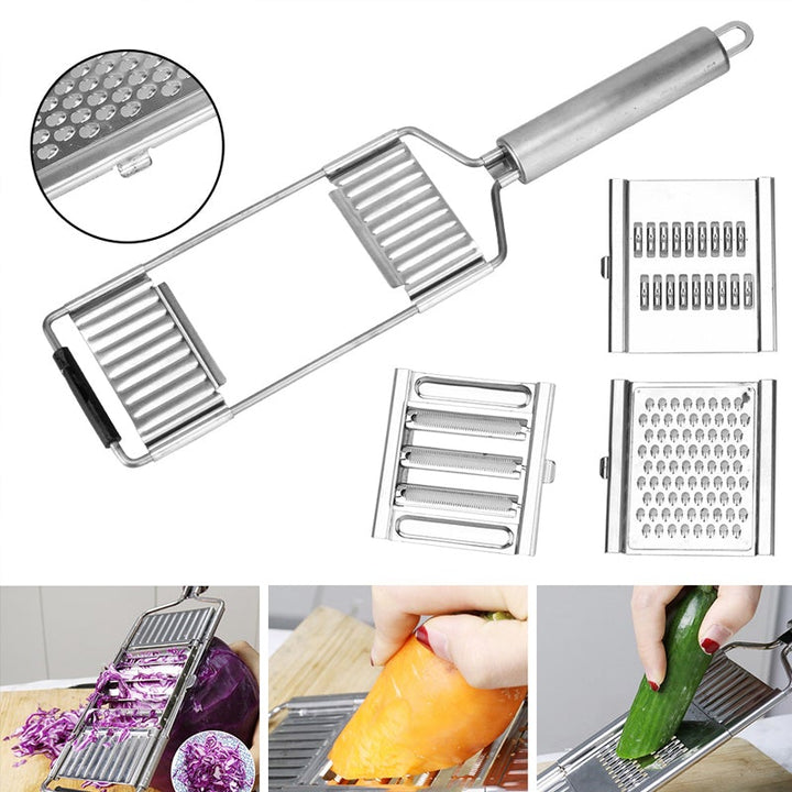 Multifunktionel grøntsagssnitter, tre udskiftelige blade, ergonomisk håndtag, knivskarpe blade, køkkenredskab