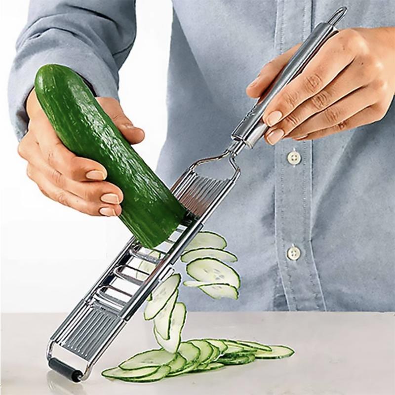 Multifunktionel grøntsagssnitter, tre udskiftelige blade, ergonomisk håndtag, knivskarpe blade, køkkenredskab