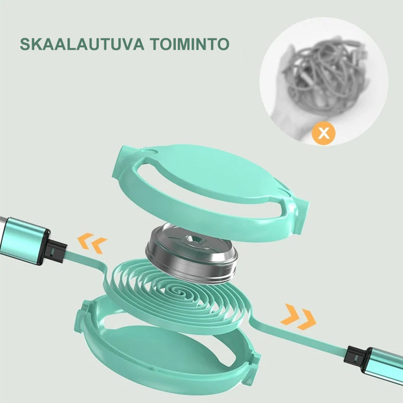"Monivärinen 3-in-1-latauskaapeli älypuhelimille, useita liittimiä, vedettävä, kirkkaat värit kuten pinkki ja keltainen."
