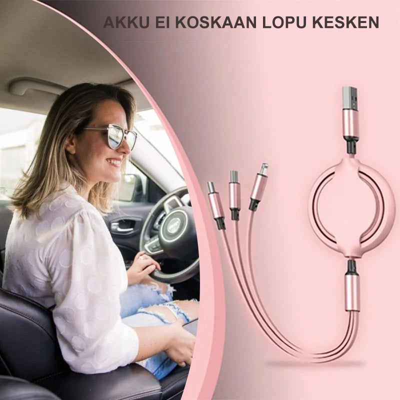 "Monivärinen 3-in-1-latauskaapeli älypuhelimille, useita liittimiä, vedettävä, kirkkaat värit kuten pinkki ja keltainen."