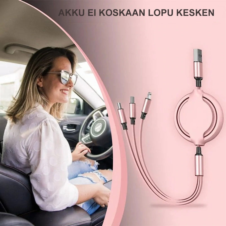 "Monivärinen 3-in-1-latauskaapeli älypuhelimille, useita liittimiä, vedettävä, kirkkaat värit kuten pinkki ja keltainen."