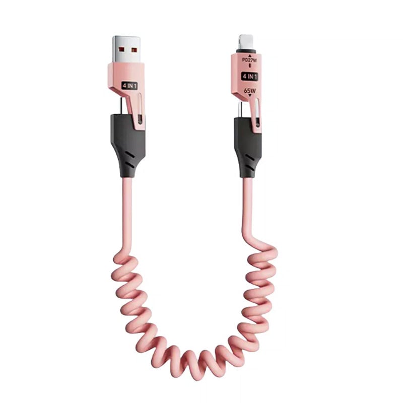 Multifarvet 4-i-1 65W datakabel med fjeder i gul, blå, pink og grøn på et skrivebord.