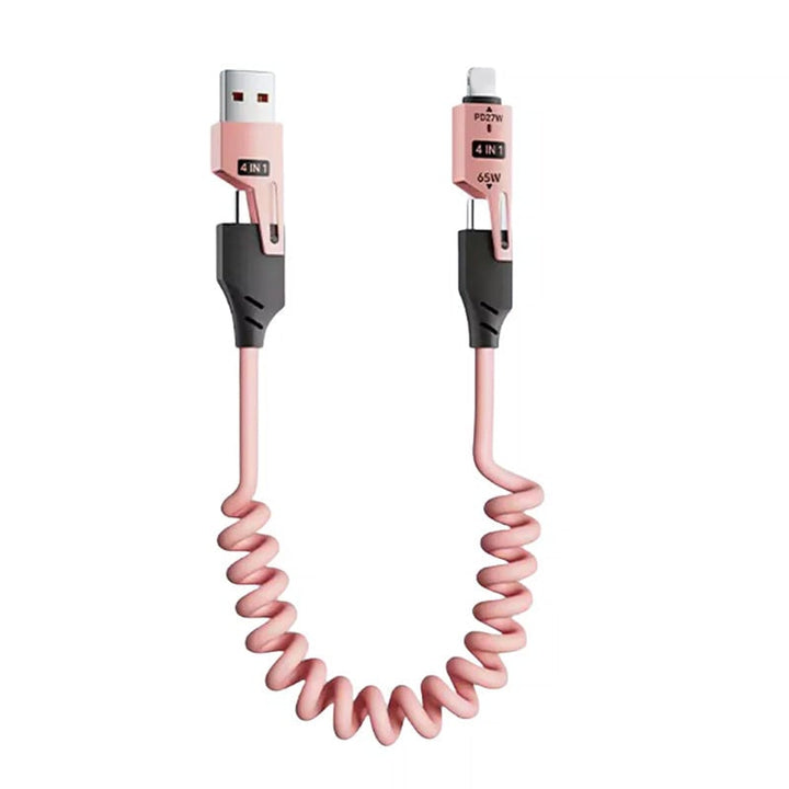 Multifarvet 4-i-1 65W datakabel med fjeder i gul, blå, pink og grøn på et skrivebord.