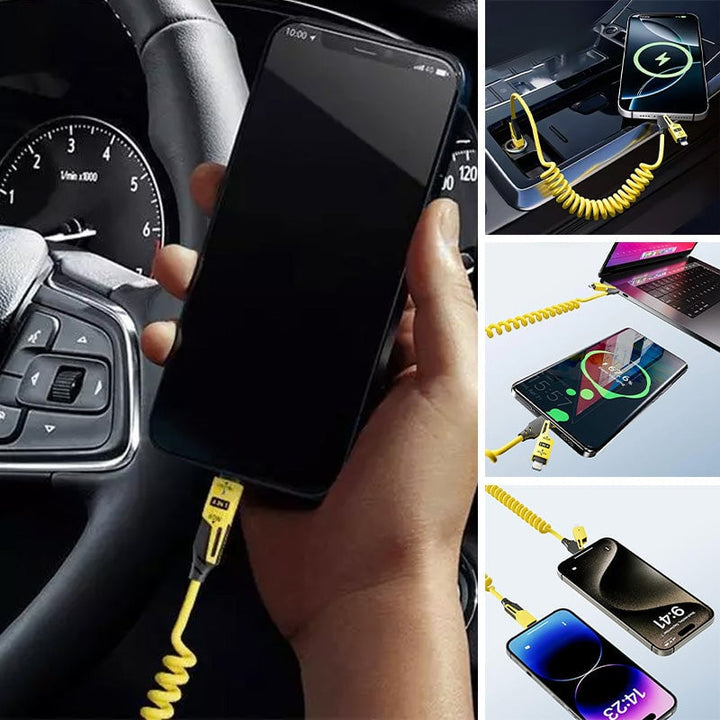 Multifarvet 4-i-1 65W datakabel med fjeder i gul, blå, pink og grøn på et skrivebord.