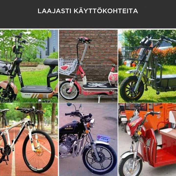Flerfarvet, foldbar cykel aluminiumskrog; let konstruktion, fast montering og flere farvemuligheder.